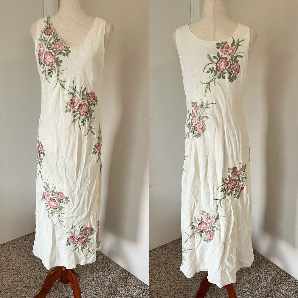 VTG Plaza South Maxi Dress Petite Sz 12P Linen Floral Embroidery Beachy